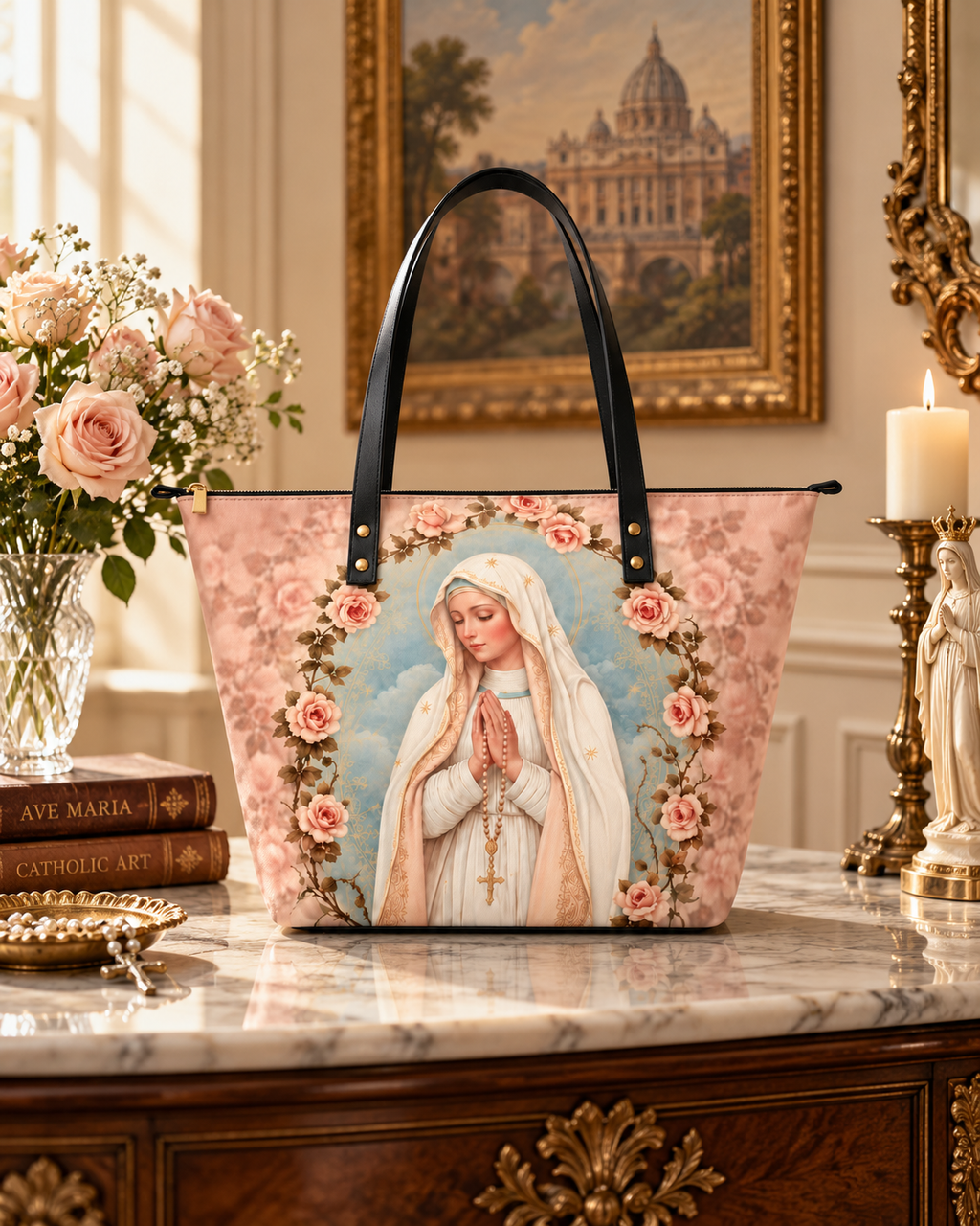 Holy Rosary PU Leather Tote Bag - Christian Tote Bag, gift presentation