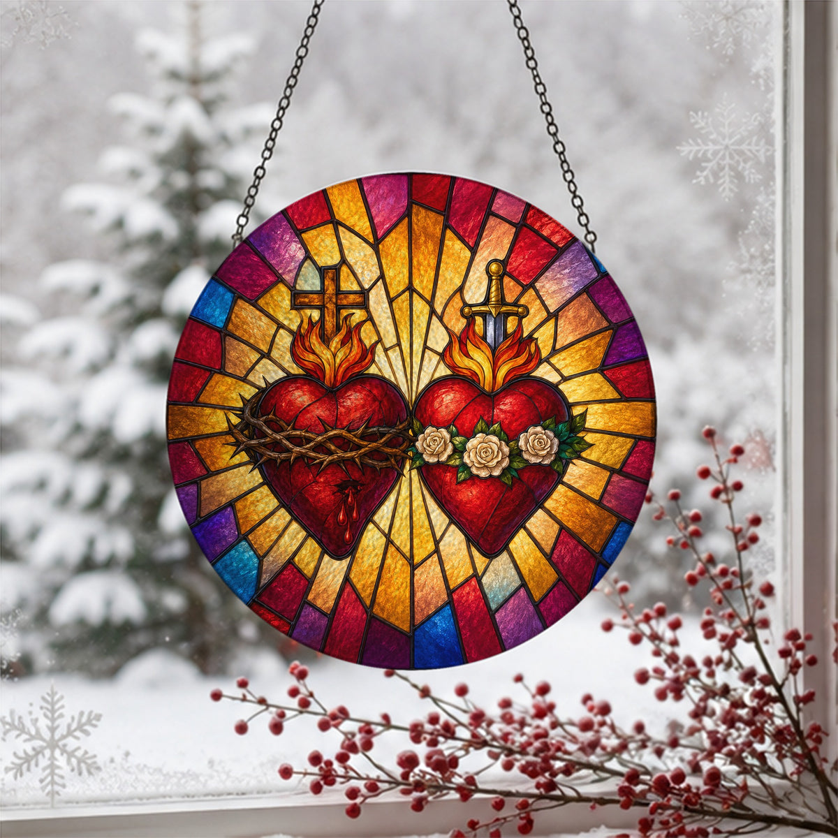Ignis Amoris Glass Suncatcher - Catholic Suncatcher, detail view