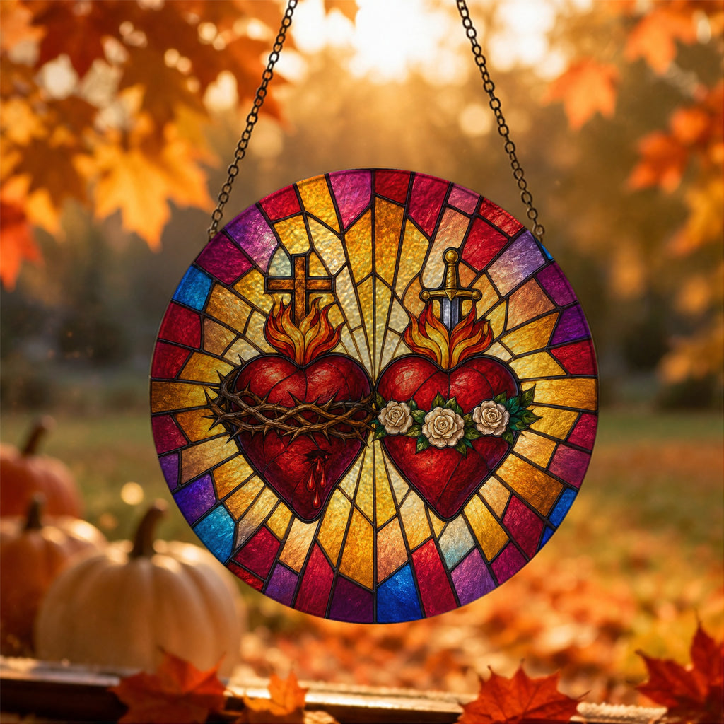Ignis Amoris Glass Suncatcher - Catholic Suncatcher, hanging display