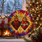 Ignis Amoris Glass Suncatcher - Catholic Suncatcher, close-up of the print
