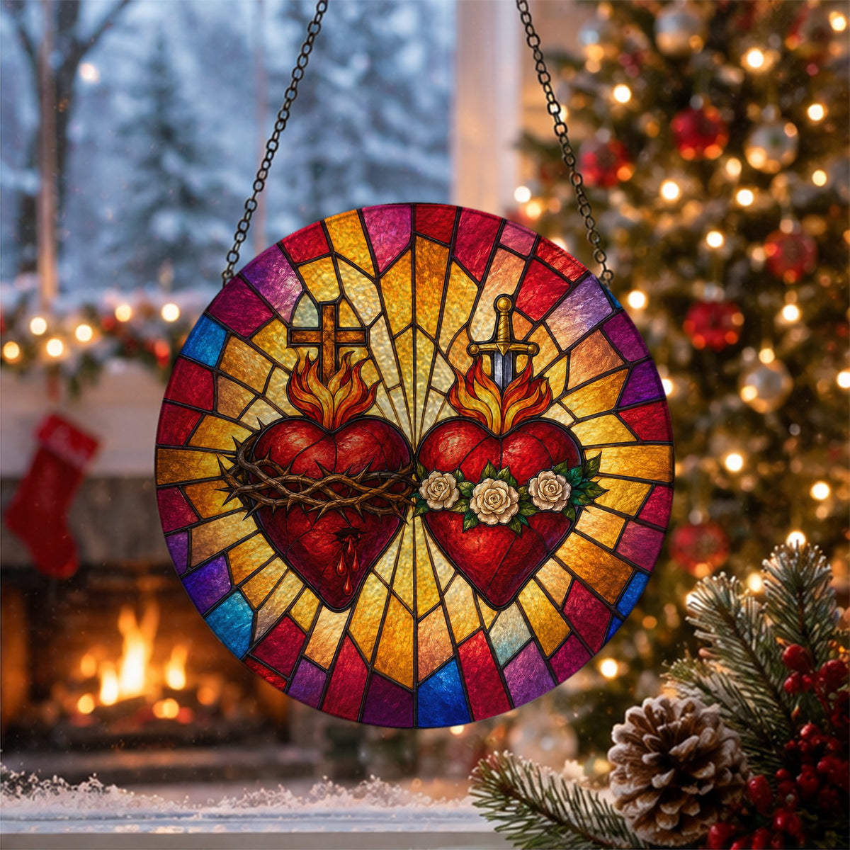Ignis Amoris Glass Suncatcher - Catholic Suncatcher, close-up of the print