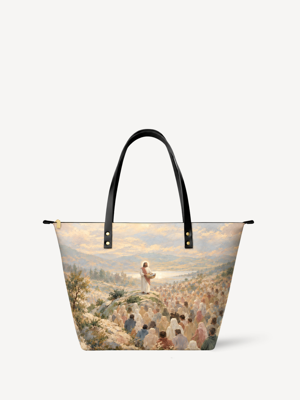 Jesus Feeds the Five Thousand PU Leather Tote Bag - Christian Tote Bag, front view