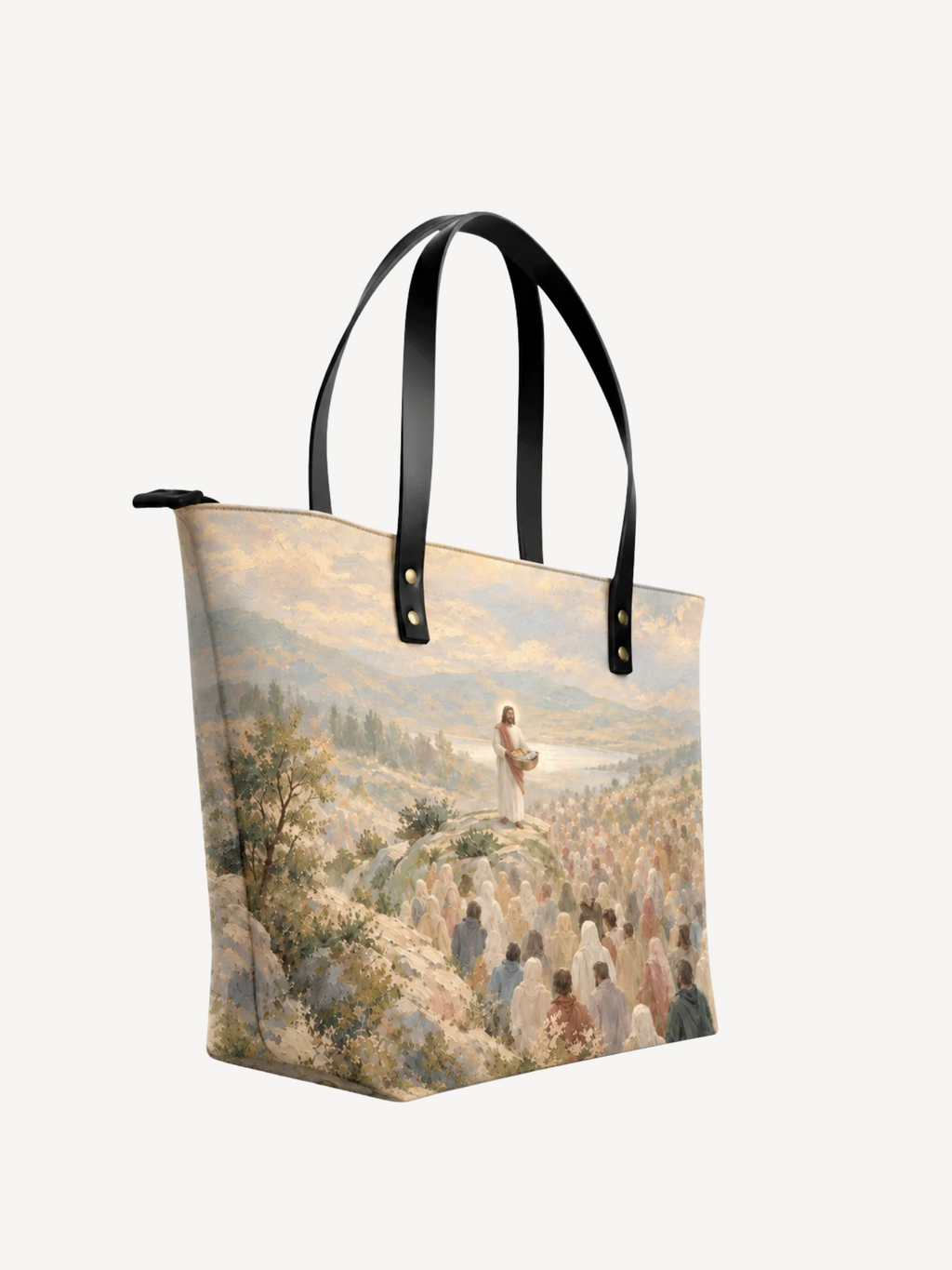 Jesus Feeds the Five Thousand PU Leather Tote Bag - Christian Tote Bag, detail view