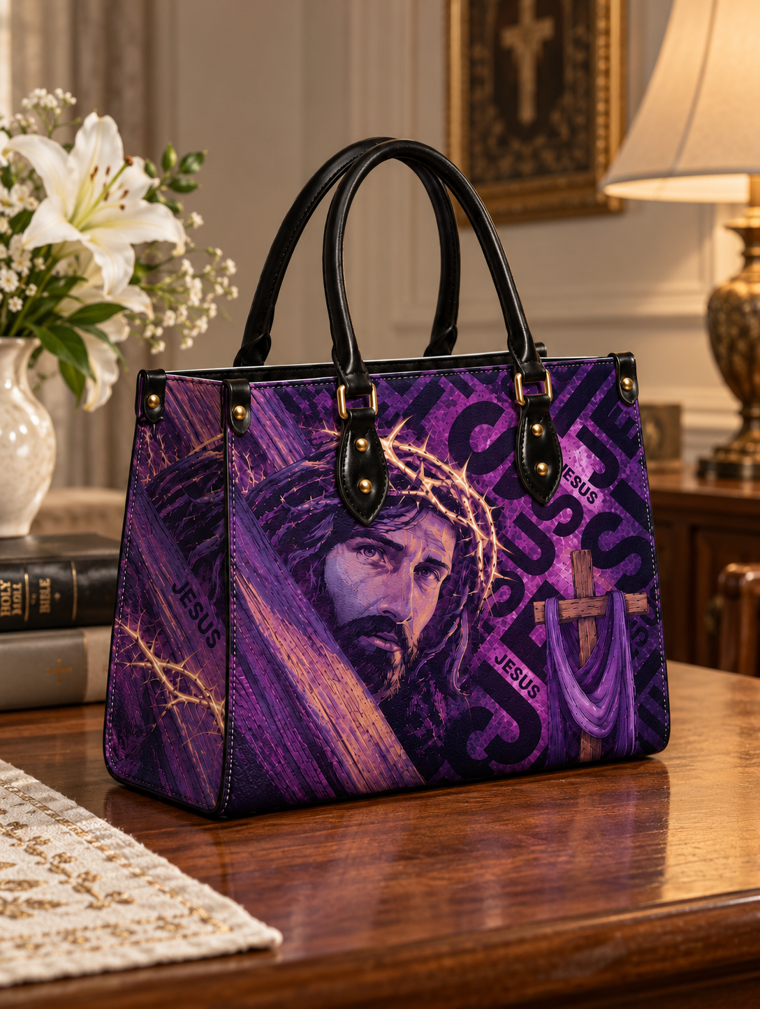 Jesus’ Redeeming Love PU Leather Handbag - Christian Handbag, styled in the home