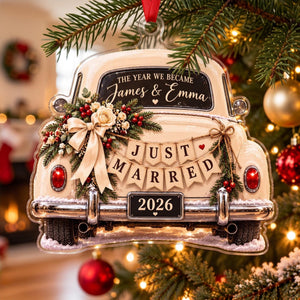 Just Married Wedding Car Christmas Acrylic Ornament - Acrylic Christmas Ornament, front view