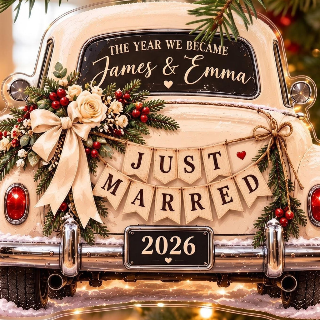 Just Married Wedding Car Christmas Acrylic Ornament - Acrylic Christmas Ornament, detail view