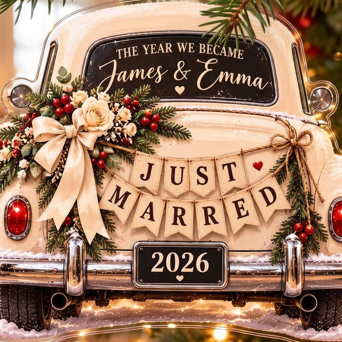Just Married Wedding Car Christmas Acrylic Ornament - Acrylic Christmas Ornament, detail view