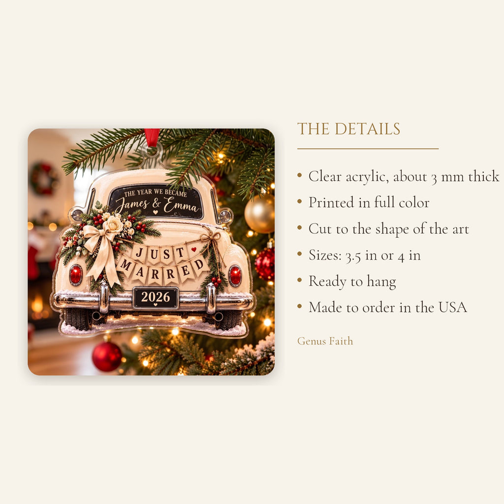 Just Married Wedding Car Christmas Acrylic Ornament - Acrylic Christmas Ornament, styled in the home