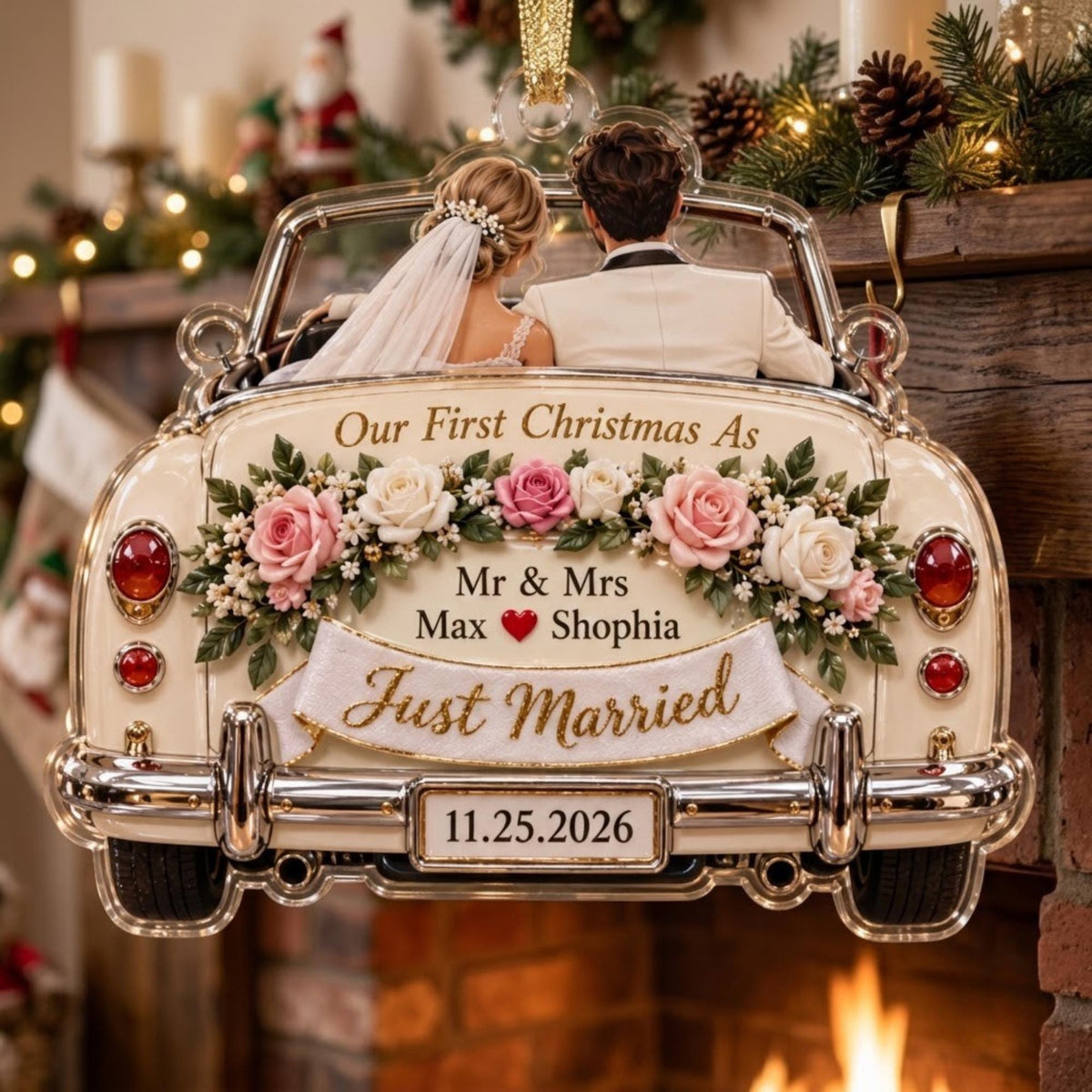 Just Married Wedding Car Floral Acrylic Ornament - Acrylic Christmas Ornament, front view