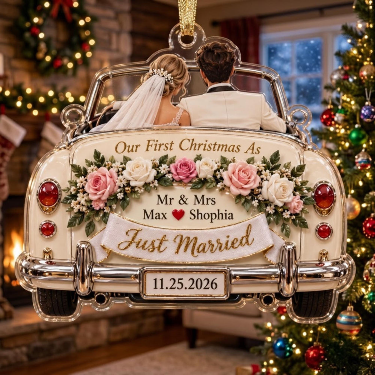 Just Married Wedding Car Floral Acrylic Ornament - Acrylic Christmas Ornament, detail view