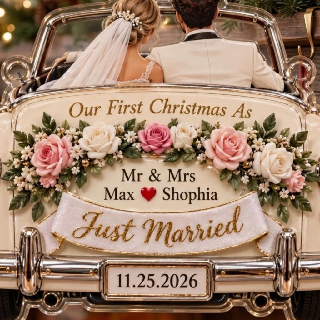 Just Married Wedding Car Floral Acrylic Ornament - Acrylic Christmas Ornament, styled in the home