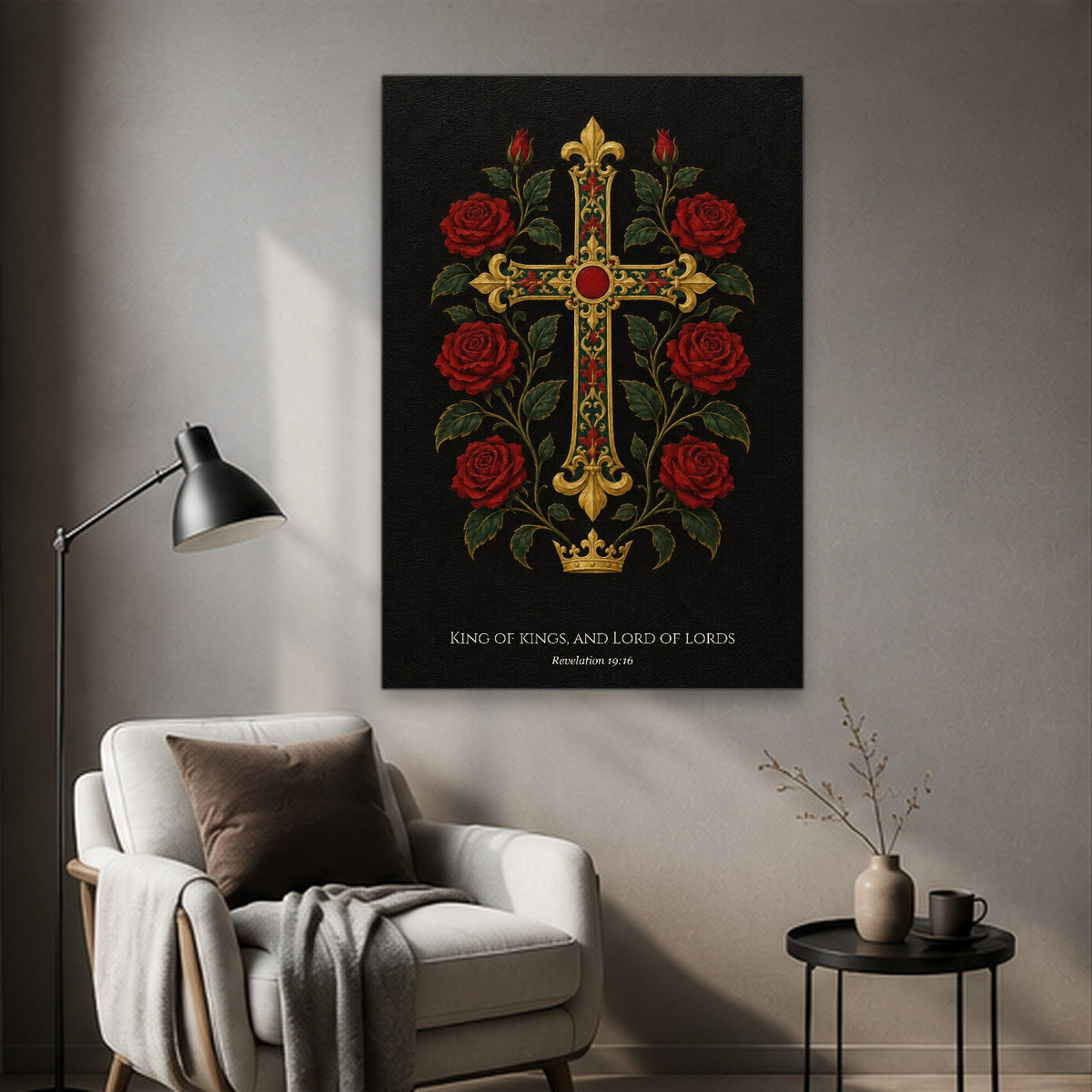 King of Kings – Gothic Oil Canvas Wall Art - Catholic Wall Art, styled in the home