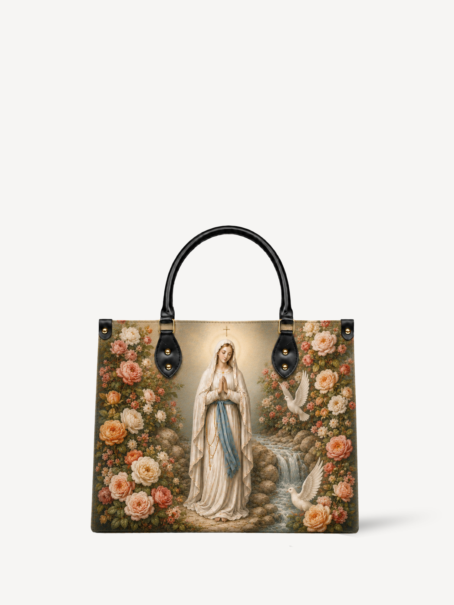 "Lady of Lourdes" Leather Handbag - Catholic Leather Handbag, Front View