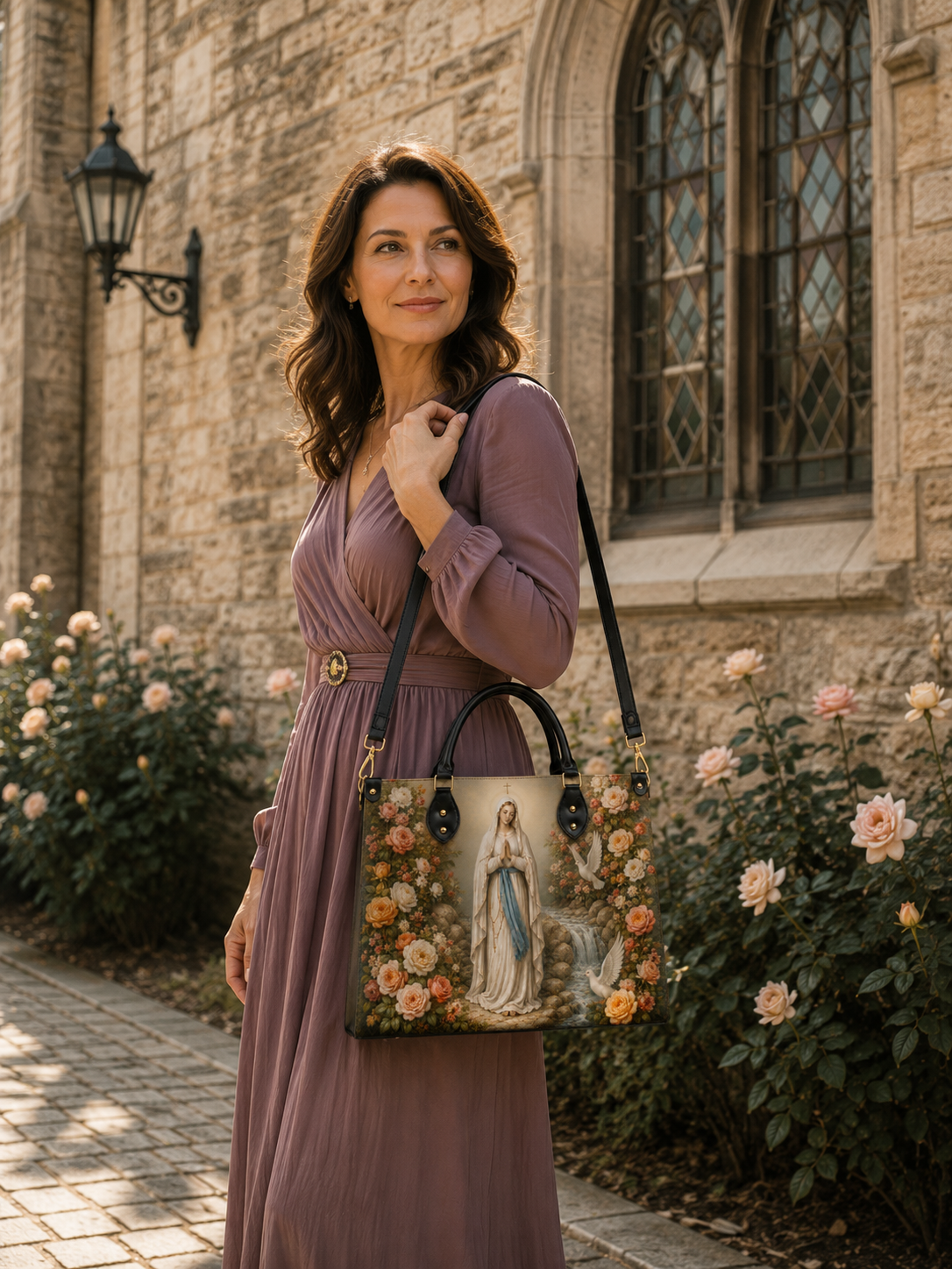"Lady of Lourdes" Leather Handbag - Catholic Leather Handbag, View 4