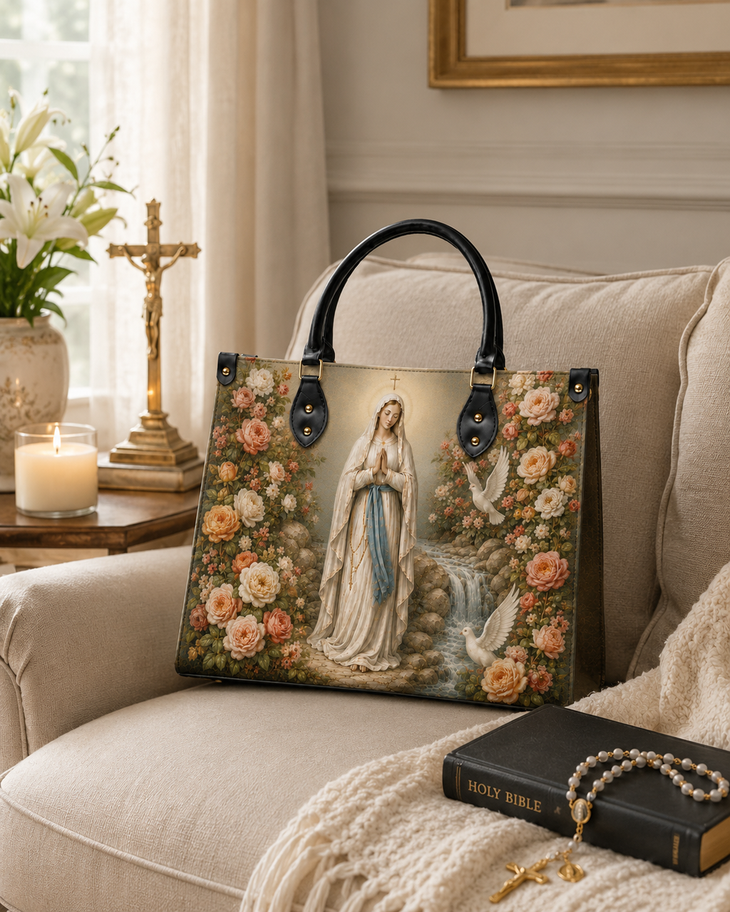 "Lady of Lourdes" Leather Handbag - Catholic Leather Handbag, View 5