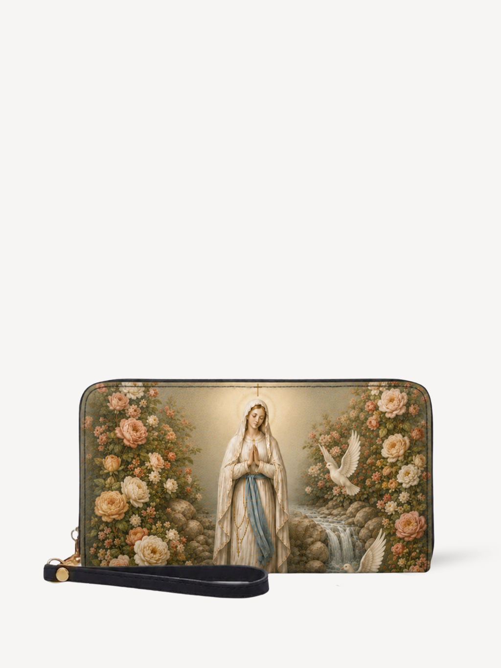 "Lady of Lourdes" Leather Wallet - Catholic Leather Wallet, Front View