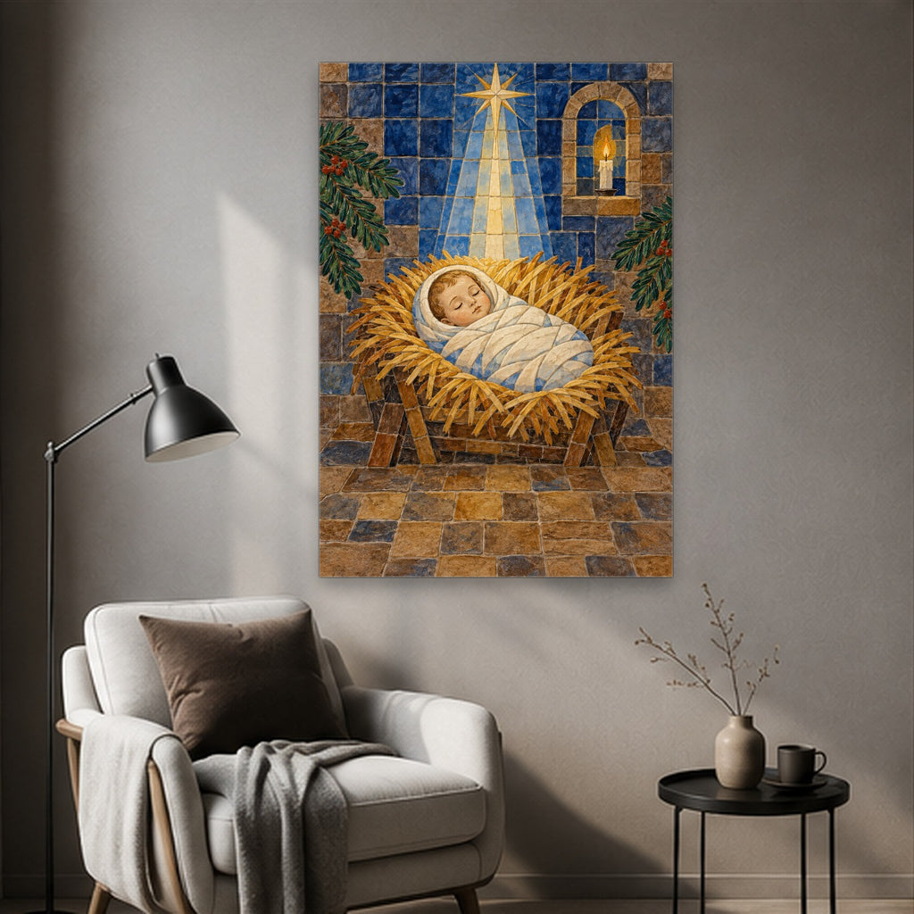 Laid in a Manger Canvas Wall Art - Catholic Wall Art, styled in the home