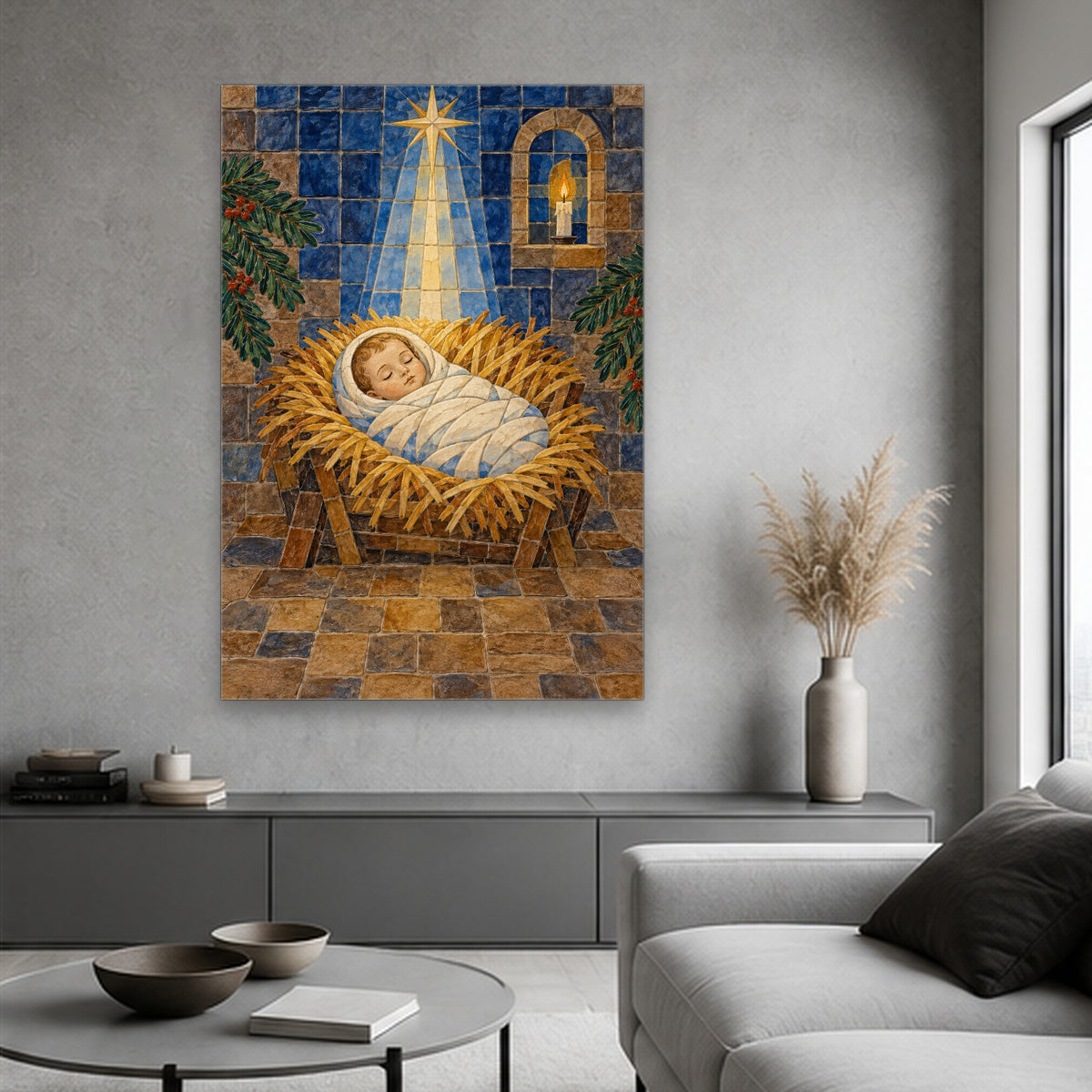 Laid in a Manger Canvas Wall Art - Catholic Wall Art, hanging display