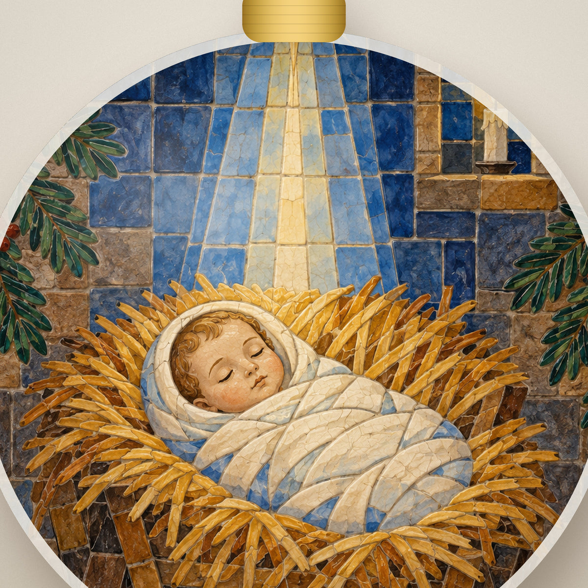 Laid in a Manger Ceramic Ornament - Catholic Christmas Ornament, detail view