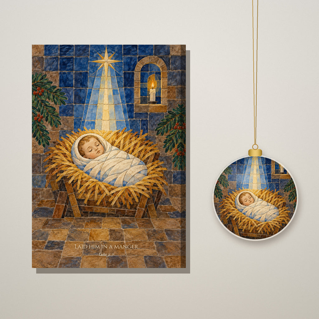 Laid in a Manger Ceramic Ornament - Catholic Christmas Ornament, styled in the home
