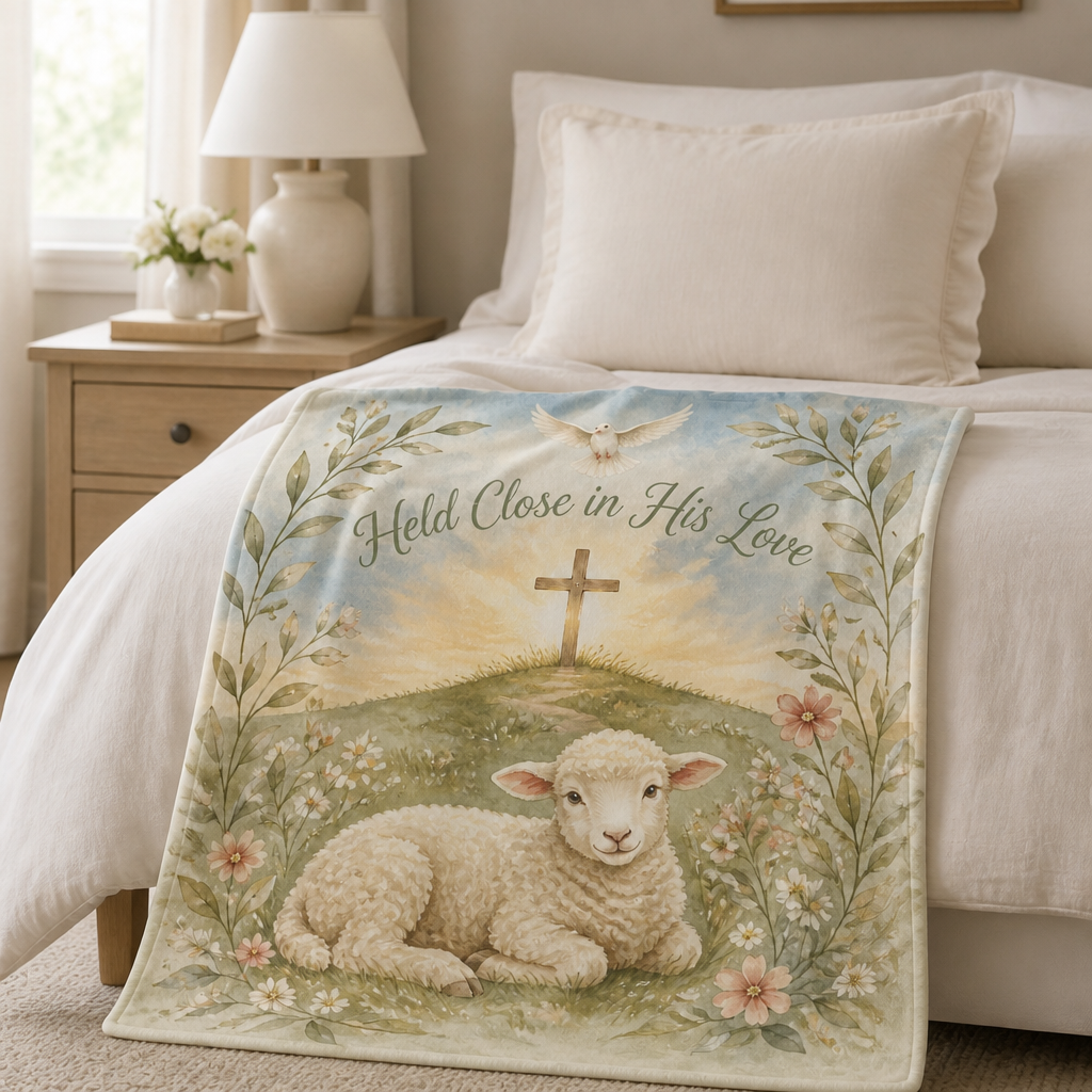 Lamb Beneath The Cross Fleece Blanket - Christian Blanket, styled in the home