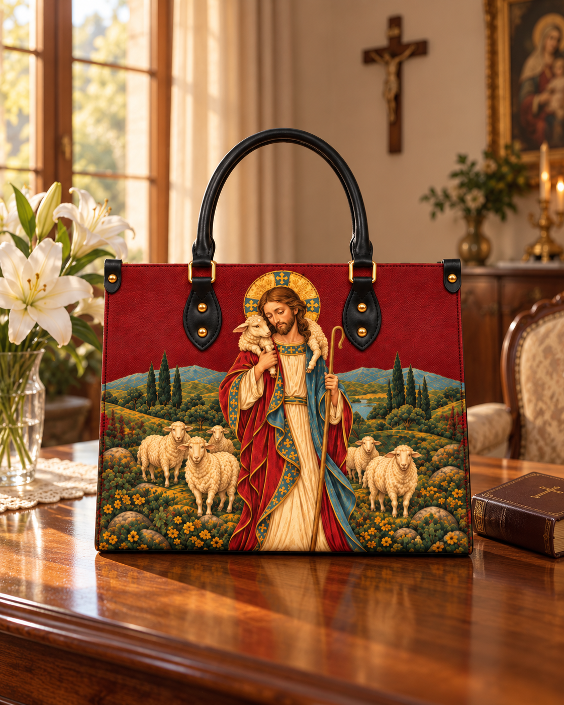 Lamp of Grace Leather Handbag - Christian Handbag, close-up of the print