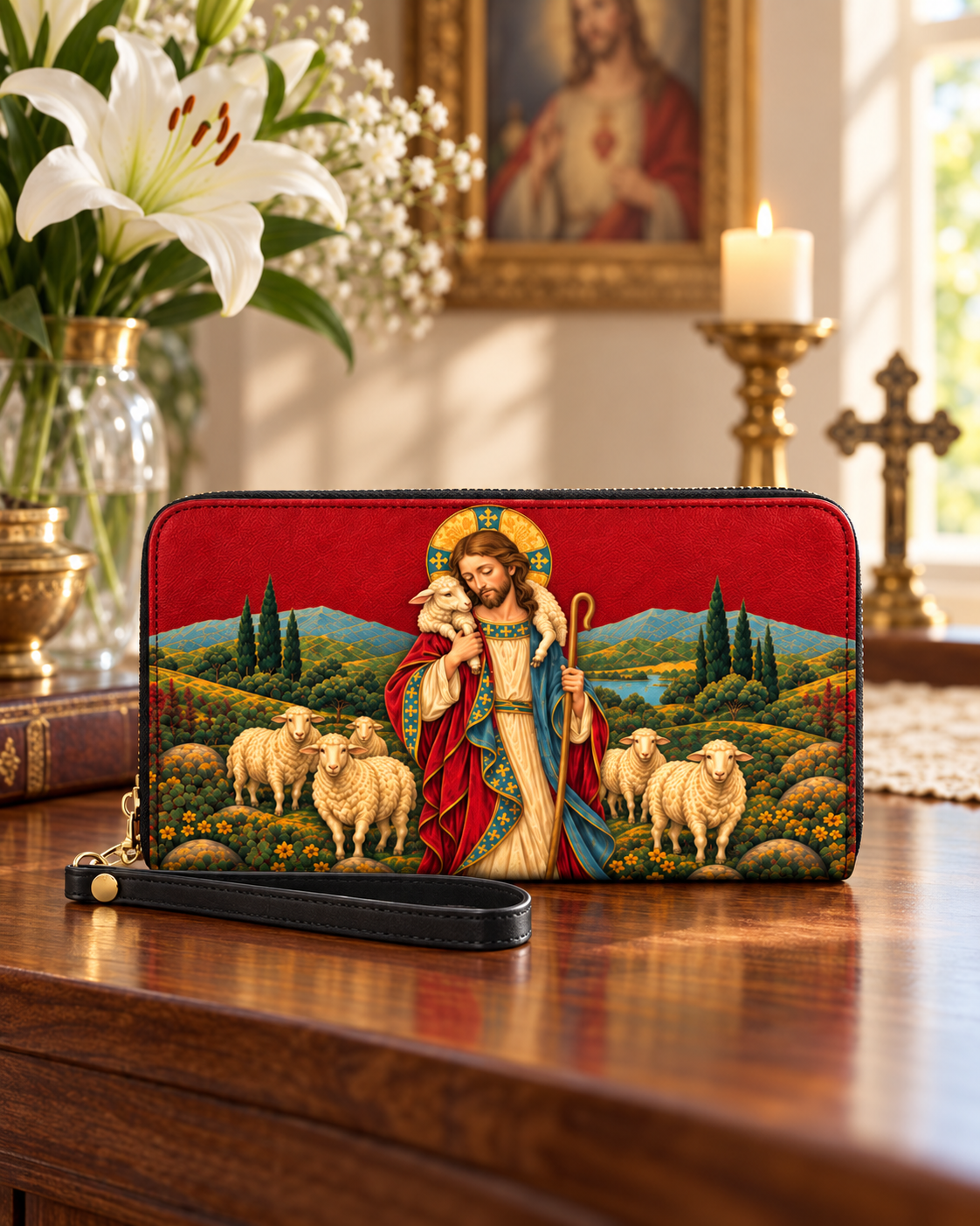 Lamp of Grace Leather Wallet - Christian Wallet, close-up of the print