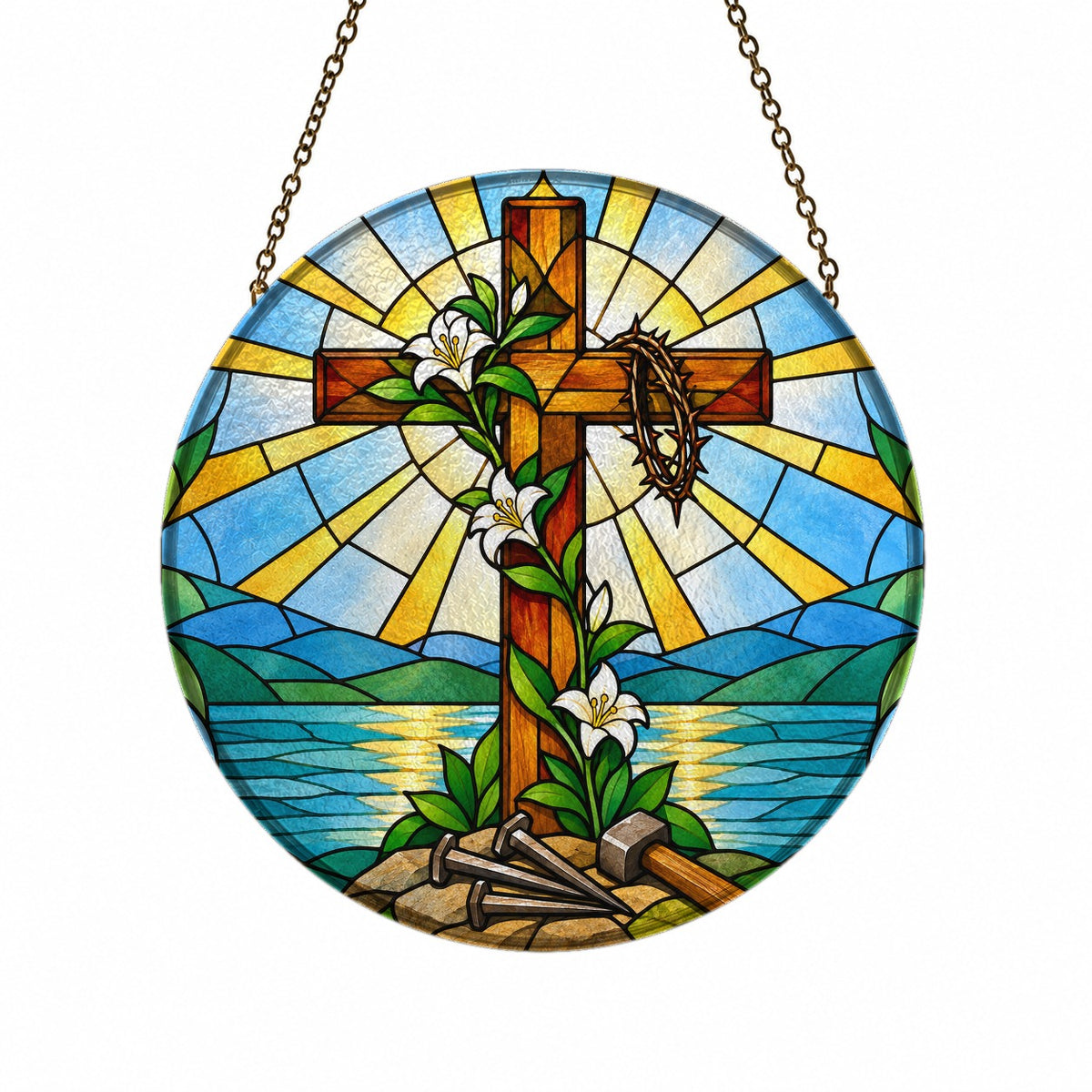 Lignum Vitae Glass Suncatcher - Catholic Suncatcher, front view