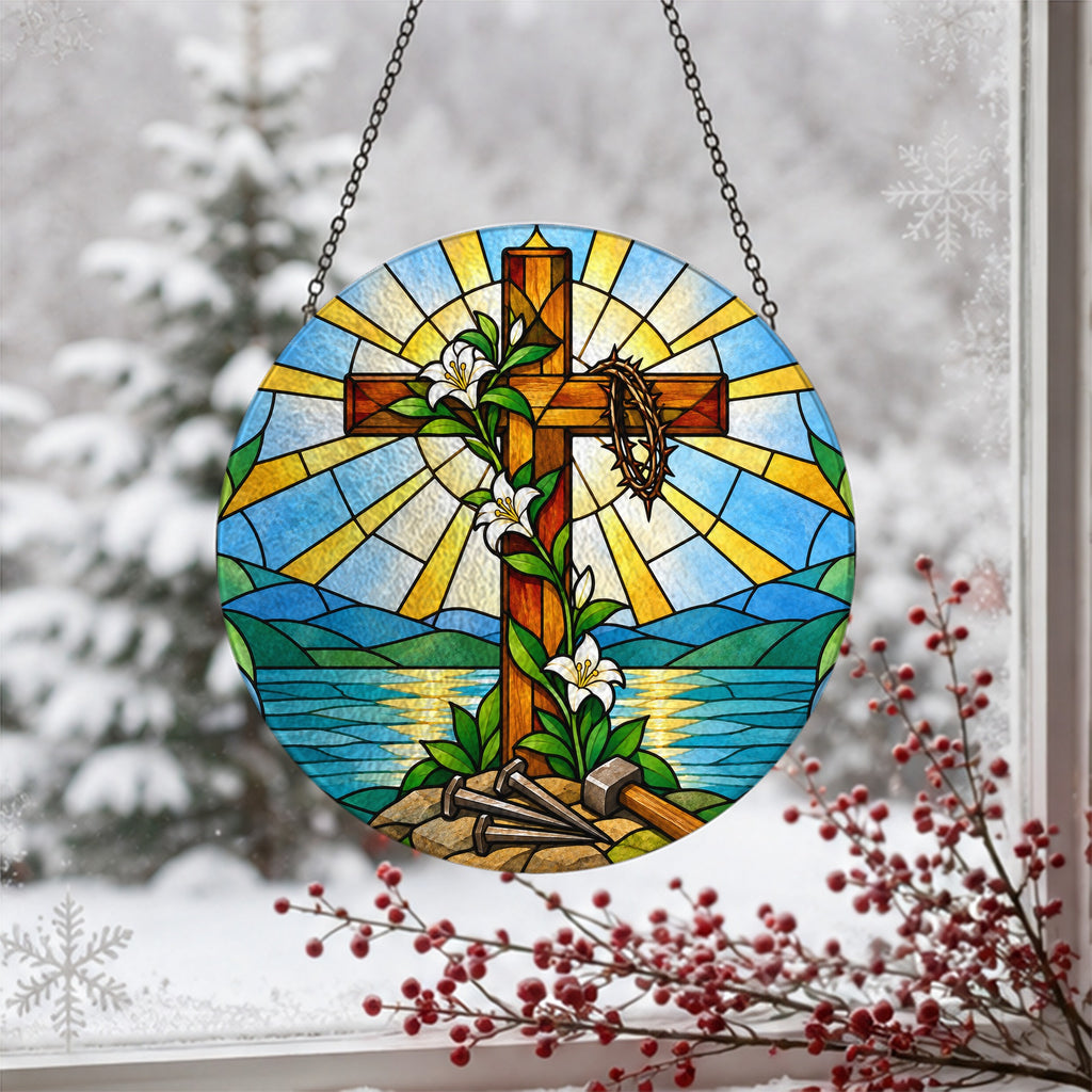 Lignum Vitae Glass Suncatcher - Catholic Suncatcher, detail view