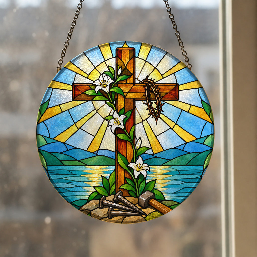 Lignum Vitae Glass Suncatcher - Catholic Suncatcher, styled in the home