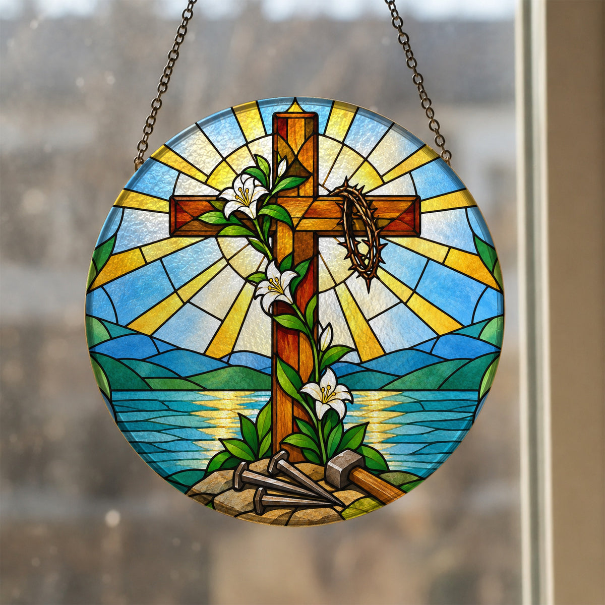 Lignum Vitae Glass Suncatcher - Catholic Suncatcher, styled in the home
