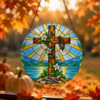 Lignum Vitae Glass Suncatcher - Catholic Suncatcher, hanging display