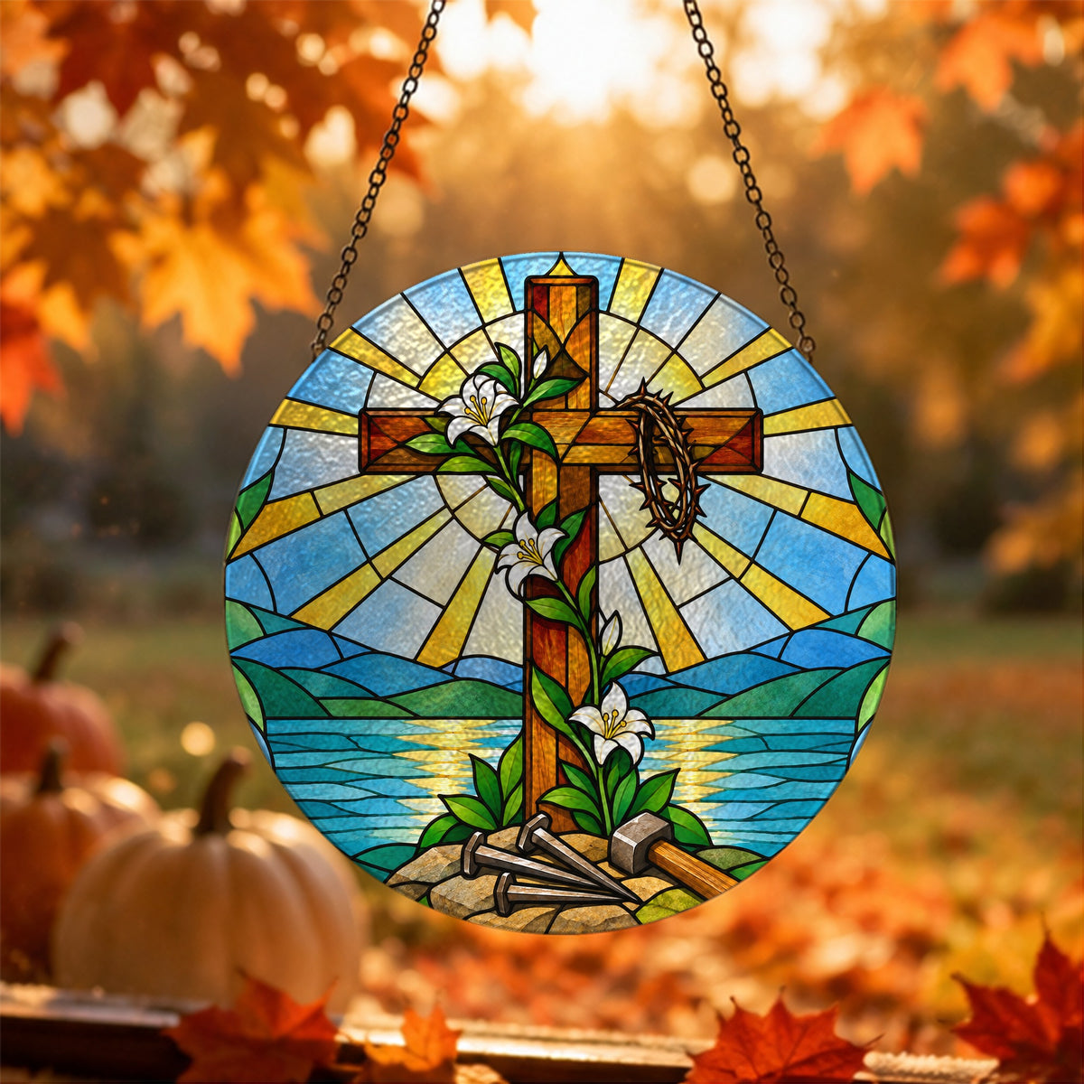 Lignum Vitae Glass Suncatcher - Catholic Suncatcher, hanging display