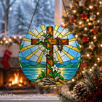 Lignum Vitae Glass Suncatcher - Catholic Suncatcher, close-up of the print