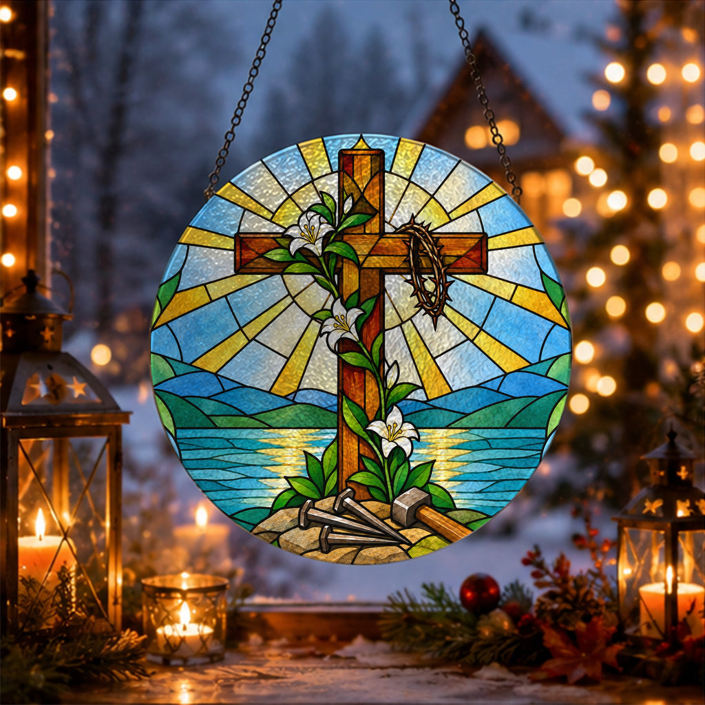Lignum Vitae Glass Suncatcher - Catholic Suncatcher, gift presentation