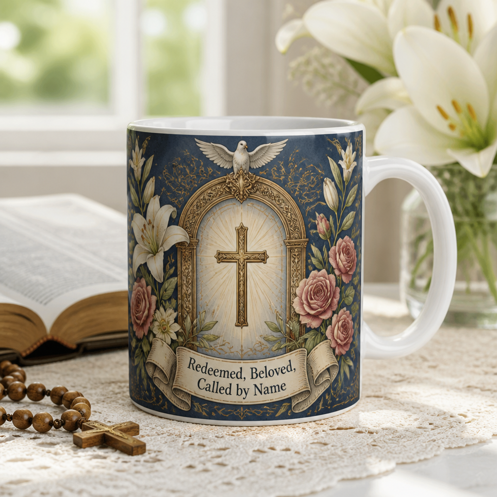 Lilies Around The Cross Ceramic Mug - Christian Coffee Mug, front view