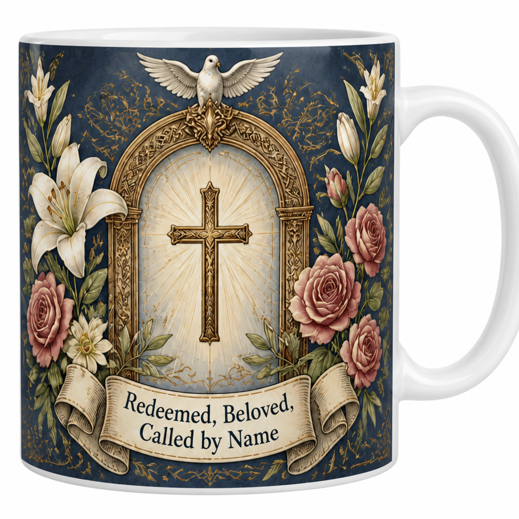 Lilies Around The Cross Ceramic Mug - Christian Coffee Mug, detail view
