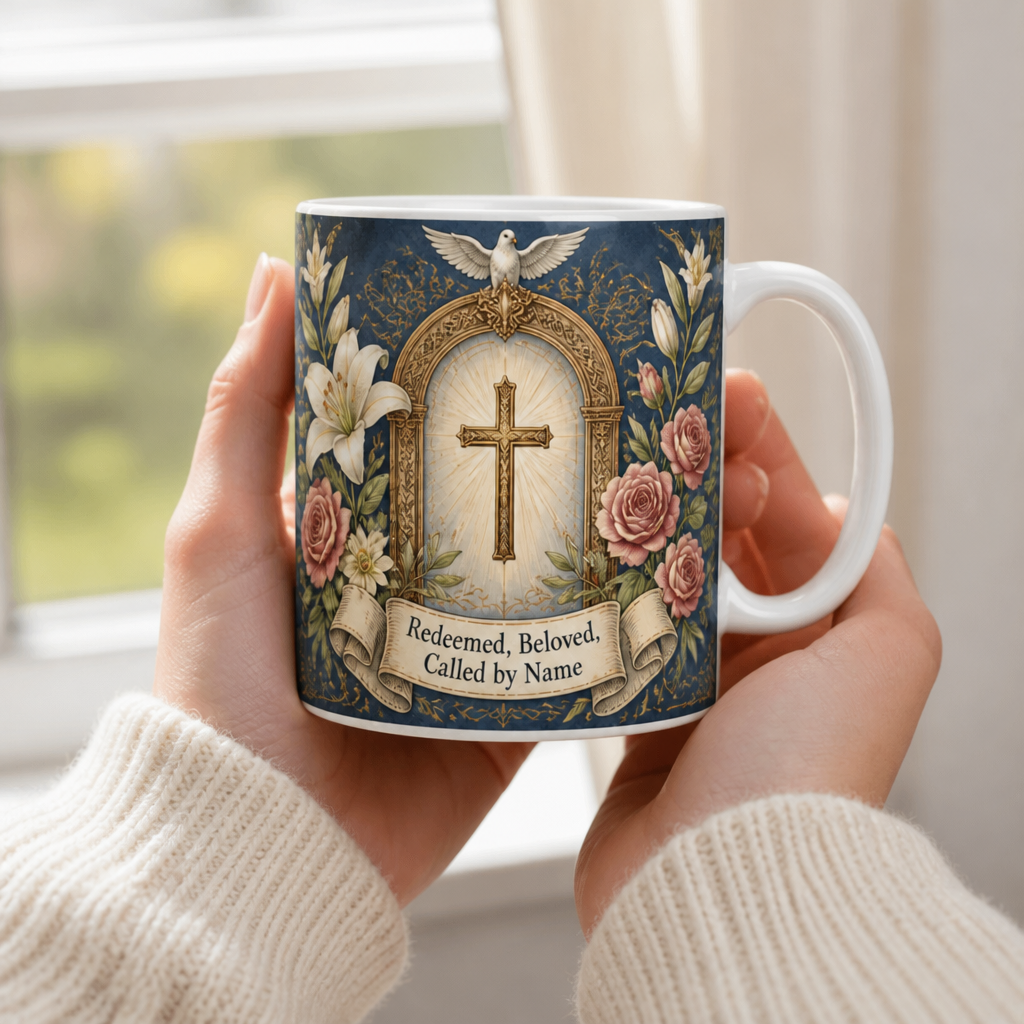 Lilies Around The Cross Ceramic Mug - Christian Coffee Mug, styled in the home