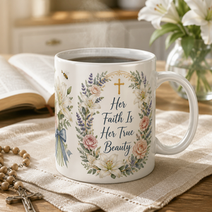 Lilies Of A Faithful Heart Ceramic Mug - Christian Coffee Mug, front view