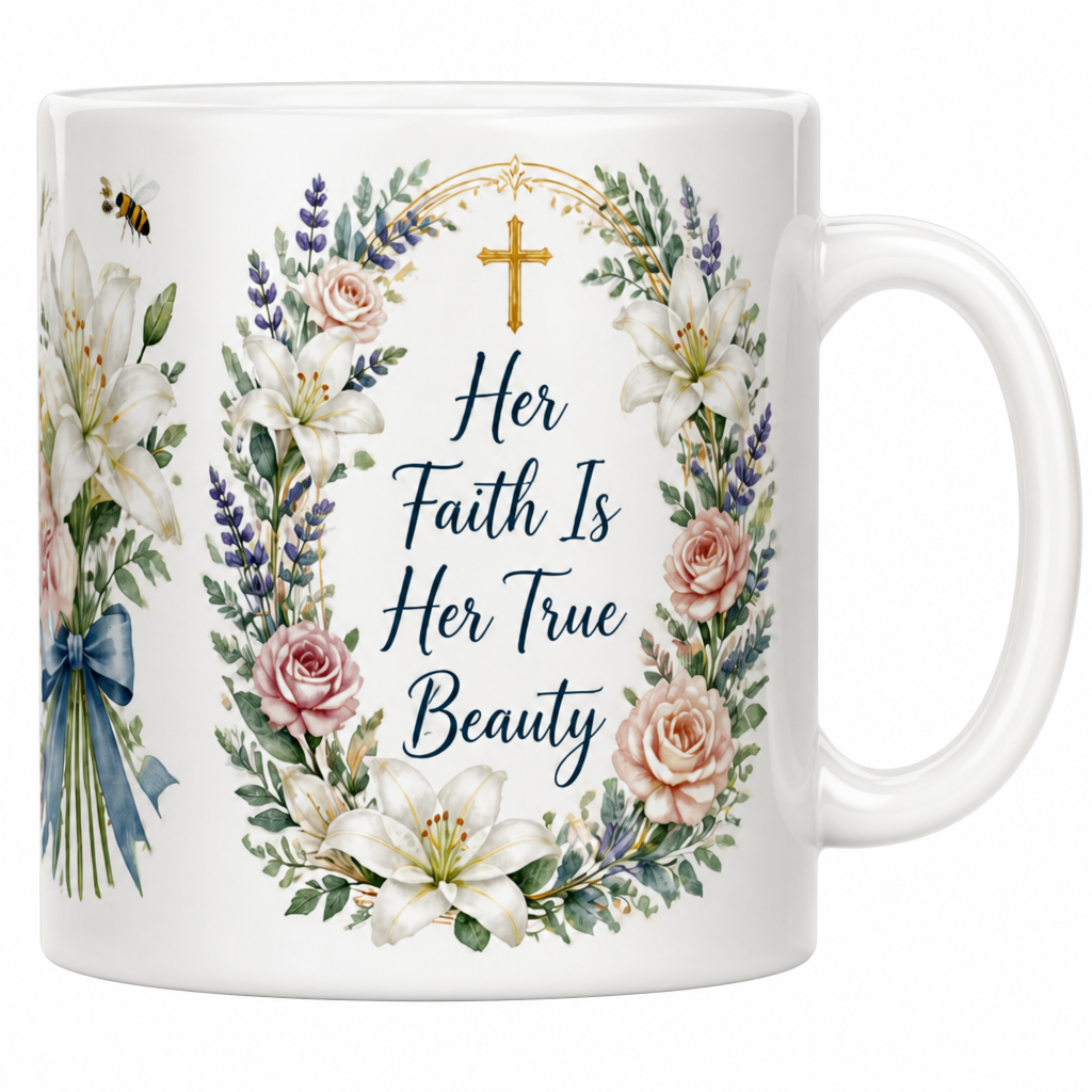 Lilies Of A Faithful Heart Ceramic Mug - Christian Coffee Mug, detail view