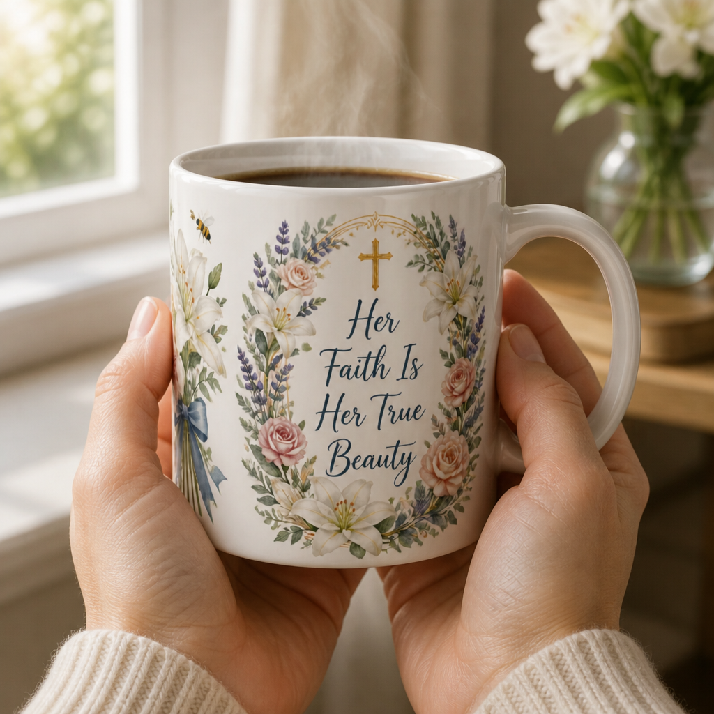 Lilies Of A Faithful Heart Ceramic Mug - Christian Coffee Mug, styled in the home