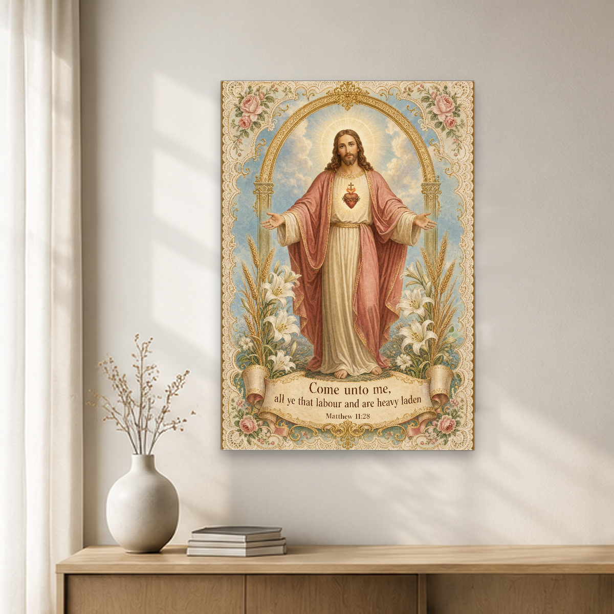 Lilies of the Sacred Heart Canvas Wall Art - Christian Wall Art, close-up of the print