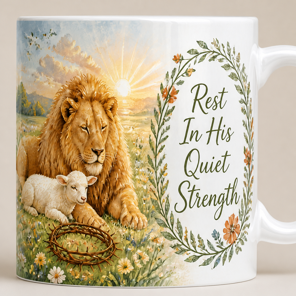 Lion Beside The Lamb Ceramic Mug - Christian Coffee Mug, detail view