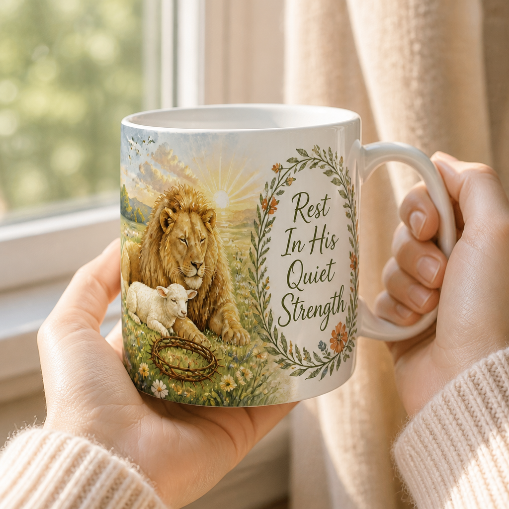 Lion Beside The Lamb Ceramic Mug - Christian Coffee Mug, styled in the home
