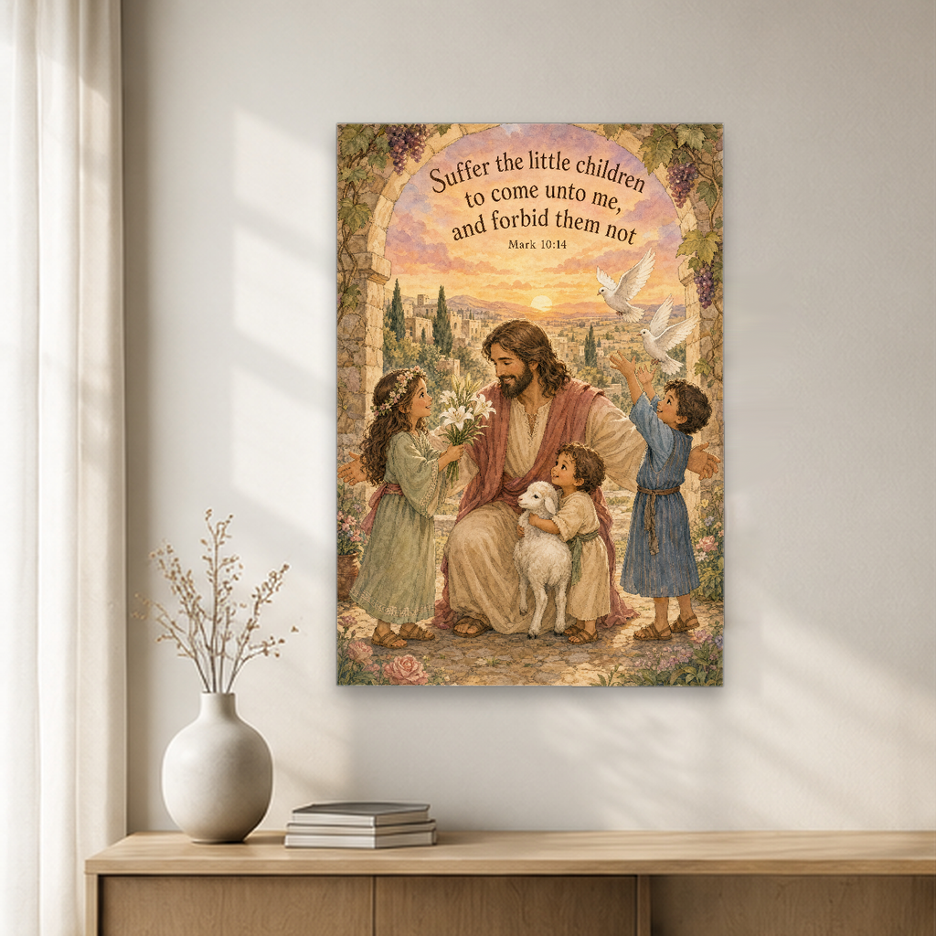Little Ones at the Gate Canvas Wall Art - Christian Wall Art, close-up of the print