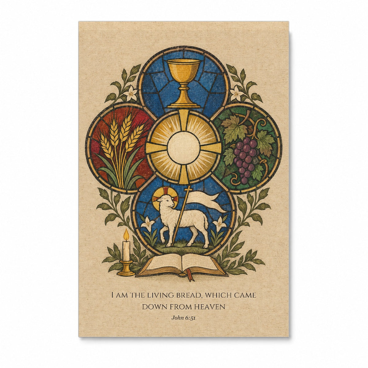 Living Bread in Woodblock Canvas Wall Art - Catholic Wall Art, front view