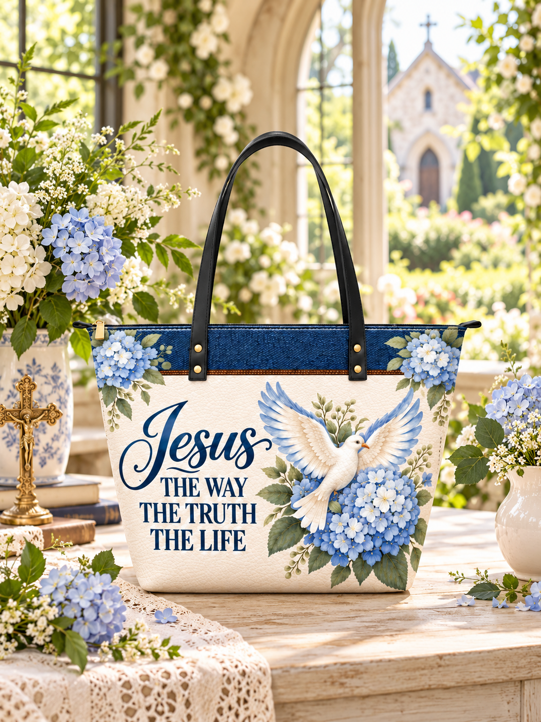 Living Promise PU Leather Tote Bag - Christian Tote Bag, close-up of the print