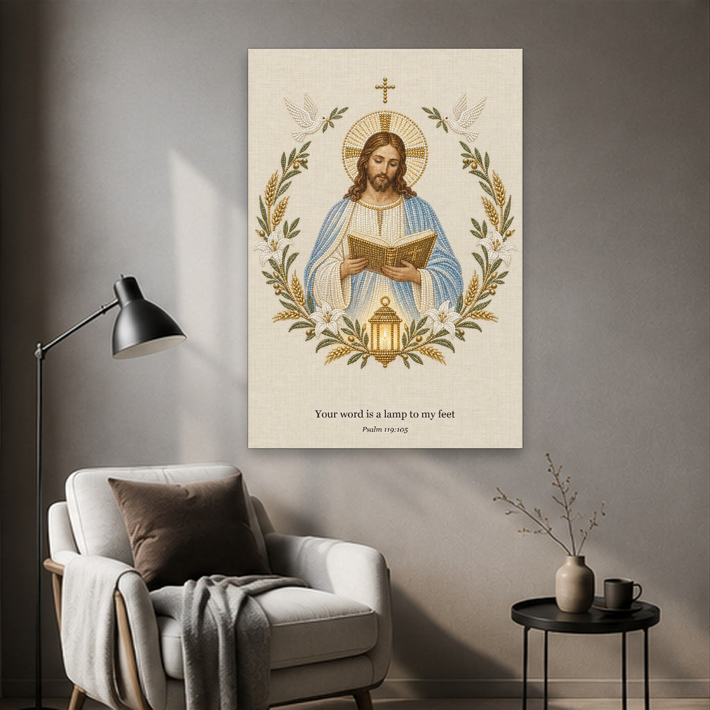 Lumen Verbi Canvas Wall Art - Catholic Wall Art, styled in the home