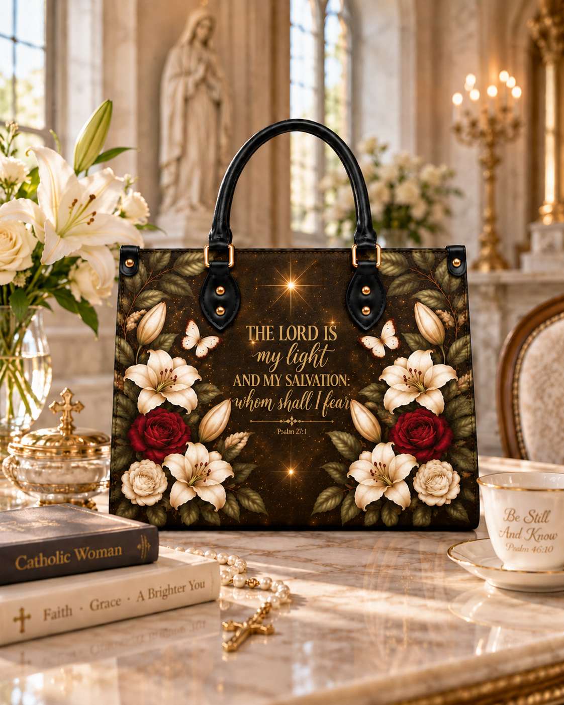 Lux in Tenebris Leather Handbag - Christian Handbag, close-up of the print