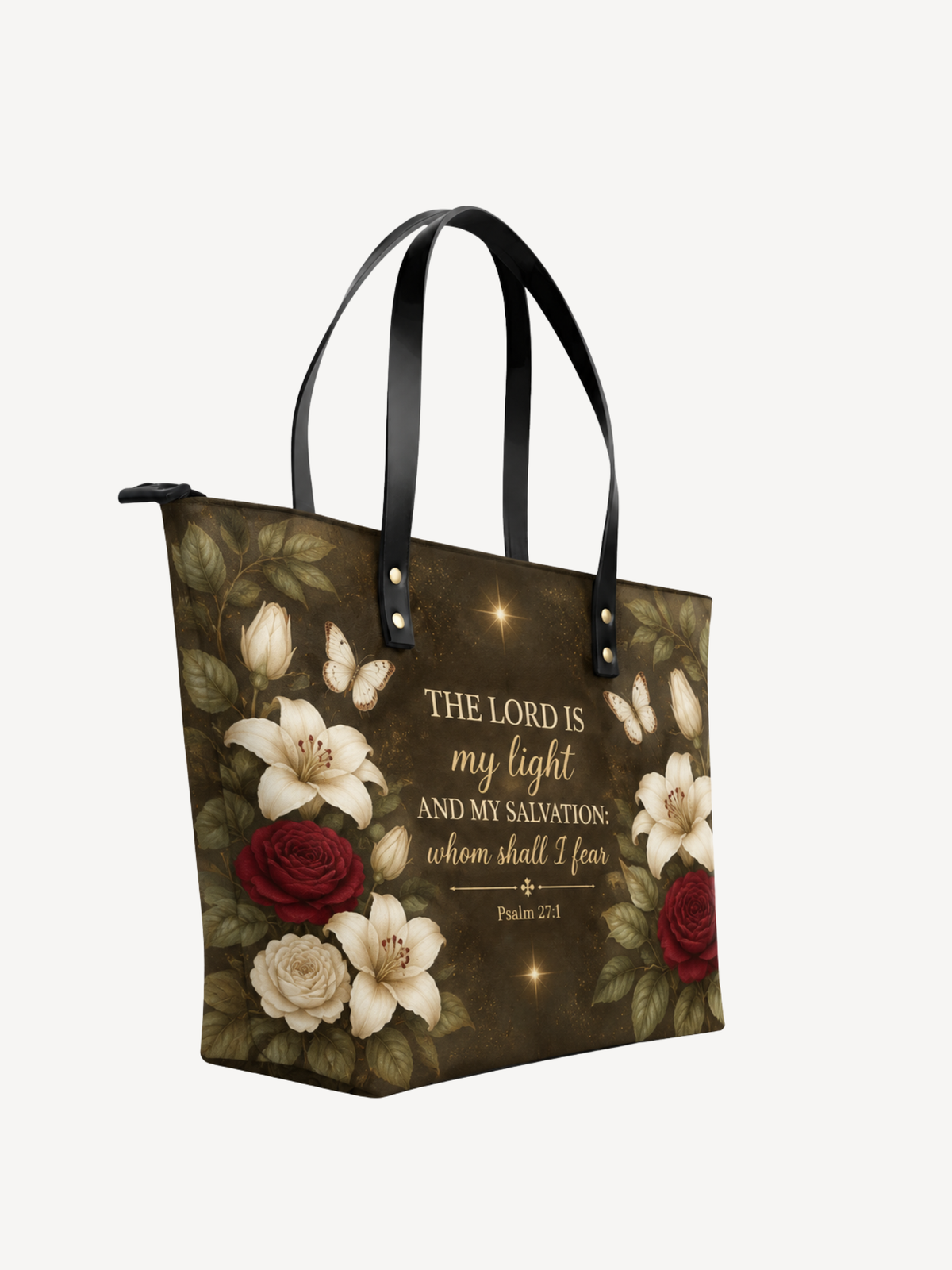 Lux in Tenebris Leather Tote Bag - Christian Tote Bag, front view
